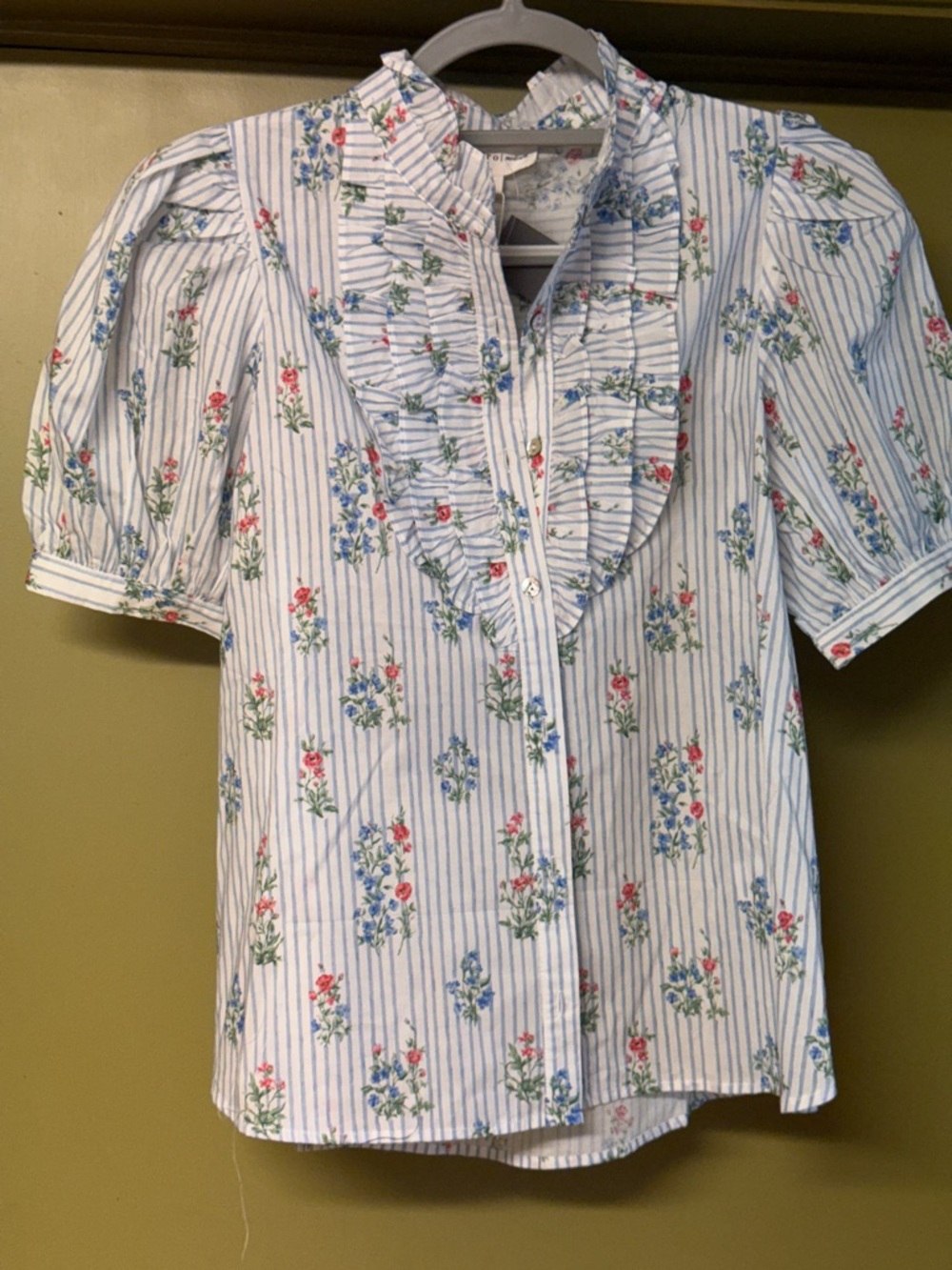 Savannah 7’s Blue & White Striped Floral Ruffle Blouse